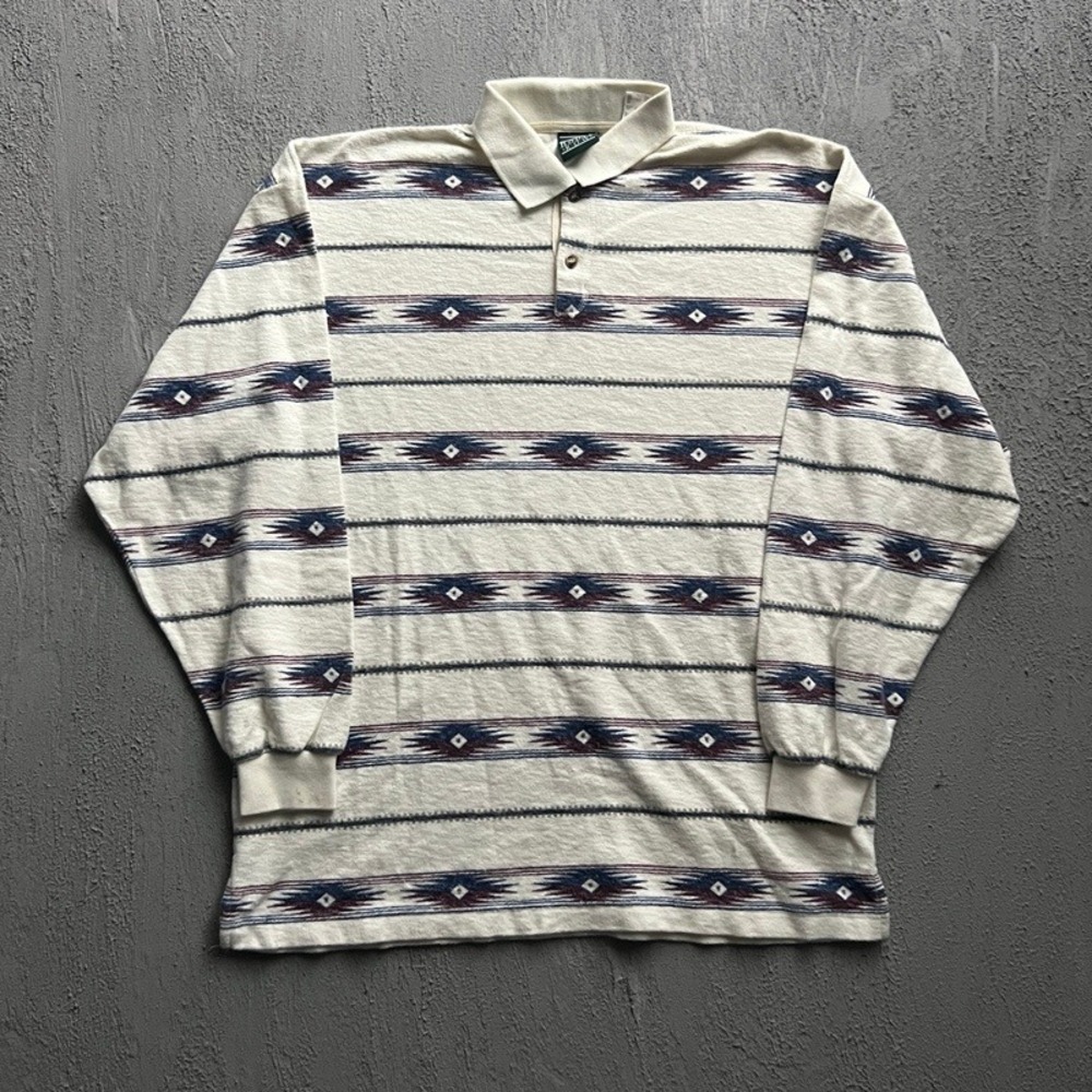Vintage Boat House Long Sleeve Polo Shirt Large White 1990s Aztec Southwestern